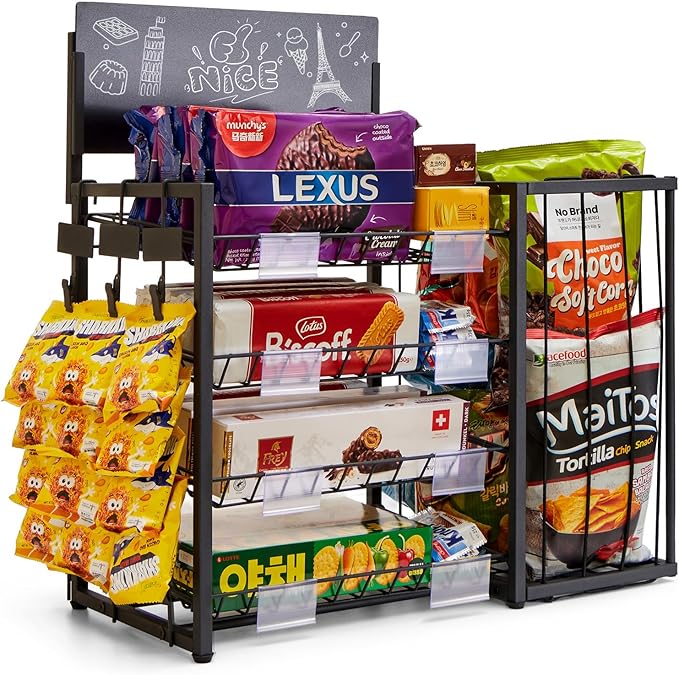 Metal Snack Rack with Frame Baskets, 4-Tier Candy & Chip Display Stand for Countertop, Organizer Shelf for Kitchen Pantry, Office, Store
