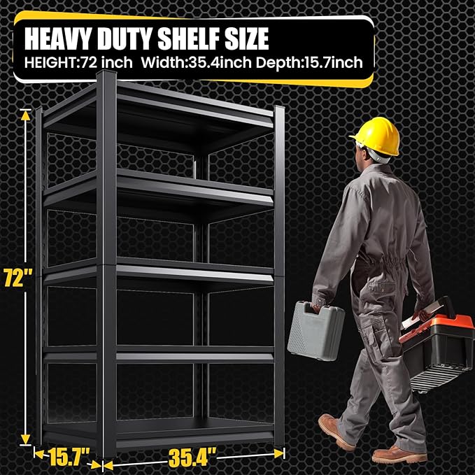 5-Tier Garage Shelving Heavy Duty, Adjustable Metal Shelving Unit, 2500LBS Garage Storage Shelves, Easy Assembly Steel Shelving, Utility Storage Rack Shelf for Warehouse, 72”H*35.4”W*16”D