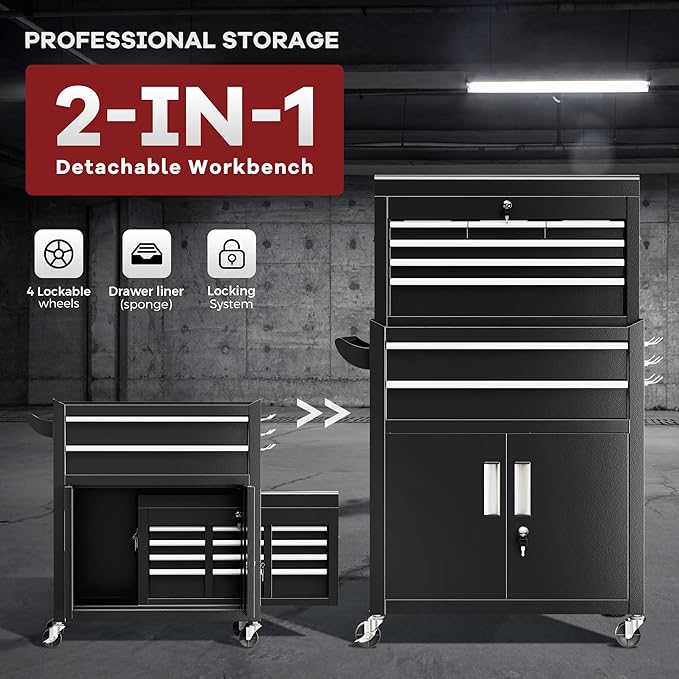 Bonusall 8 Drawer Rolling Tool Chest and Cabinet Combo,Heavy-Duty Metal Garage Tool Chest with Wheels and 2 Doors,2-in-1 Top Box and Roller Cabinet Combo for Garage, Workshop, Warehouse-Black