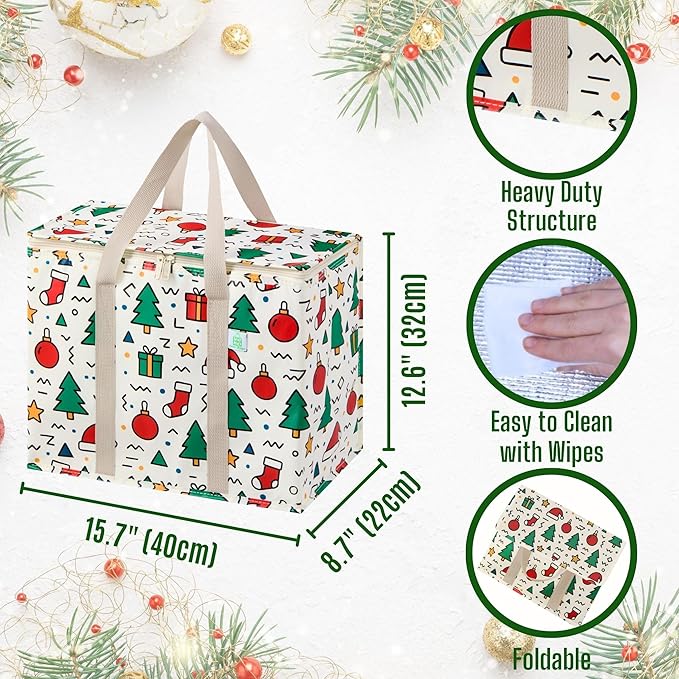 VENO 2 Pack Christmas Cooler Bag Insulated Reusable Grocery Shopping Bag, Food Delivery, Heavy Duty, Large Size, Durable Handles, Double Zippers, Lid, Collapsible (Jingle Mix, 2 Pack)
