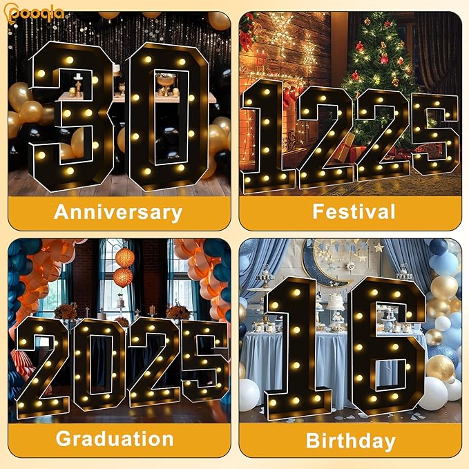 Pooqla 3FT Marquee Light Up Numbers, Black Lighted Party Decor for her him Women Men, Giant Mosaic Light Up Numbers for 2nd 12th 21st Birthday Anniversary Decoration, Number 2