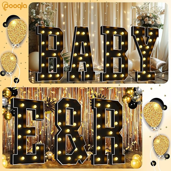 Pooqla 4 FT Marquee Light Up Letters, Black Marquee Letter Lights 4 Feet Tall for Birthday Decoration, Big Mosaic Letters Sign for Balloons Party Anniversary Wedding Decorations, Giant Warm White T