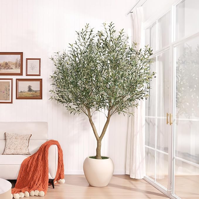 Olive Trees Artificial Indoor,8Ft Large Faux Plants,Tall Fake Tree with 18in White Round Planter,Full & Lush Faux Olive Tree for Home Decor Living Room, Office or Bedroom,Housewarming
