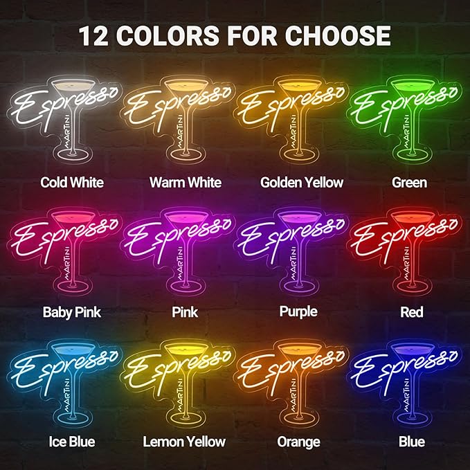 Custom Espresso Martini Neon Sign, Personalized LED Cocktail Club Wall Art Decor for Home Bar Kitchen Lounge Retro Espresso Wall Decor, Tini Time Martini Lover Gifts