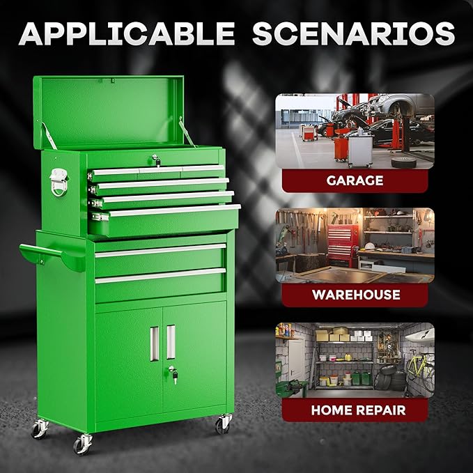 Bonusall 8 Drawer Rolling Tool Chest and Cabinet Combo,Heavy-Duty Metal Garage Tool Chest with Wheels and 2 Doors,2-in-1 Top Box and Roller Cabinet Combo for Garage, Workshop, Warehouse-Green