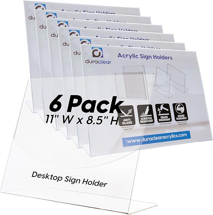 Mammoth DuraClear Acrylic Sign Holders 8.5 x 11 - Extra Thick and Durable Desktop Paper Sign Holders - Perfect for Retail and Booth Display Supplies - 6 Pack, Landscape