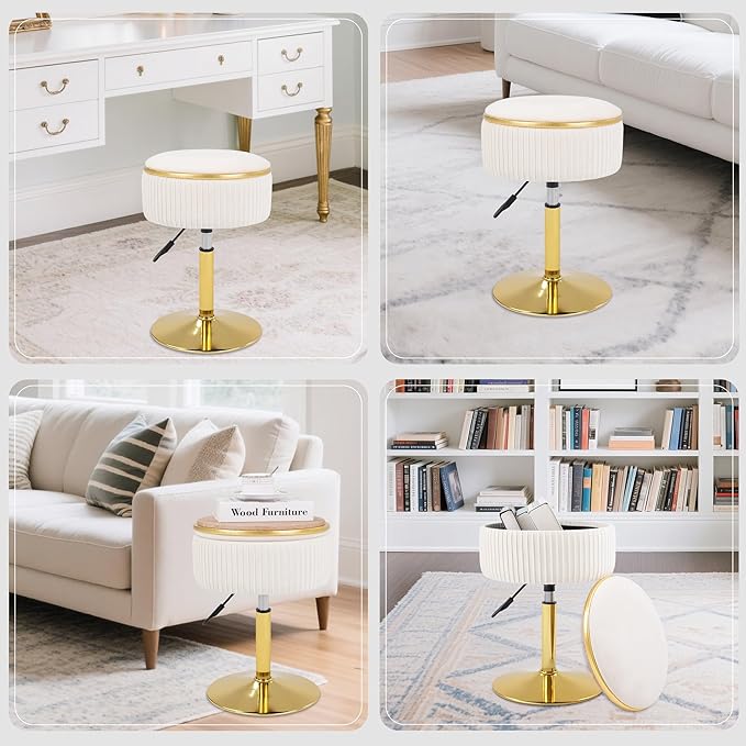 Adjustable Vanity Stool with Storage, 360° Swivel Makeup Stool Chair Small Velvet Round Ottoman with Gold Base for Bedroom (Beige)