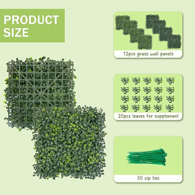 Grass Wall Panels, 10x10Inch 12Pcs UV-Anti Boxwood Greenery Panels with 50 Zip Ties, No Fade Artificial GrassWall Backdrop for Indoor Outdoor Privacy, Birthday Wedding Decor, Home Kitchen Decor