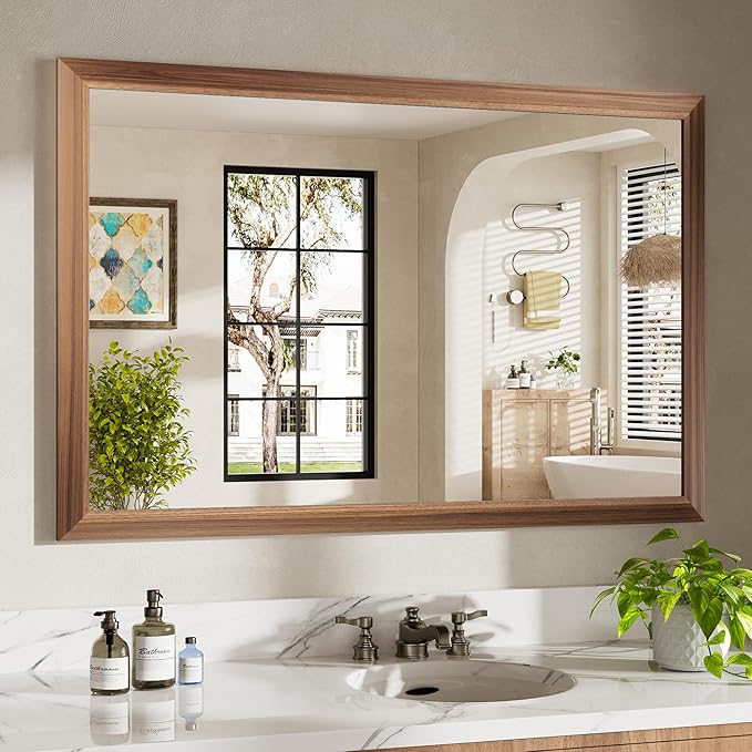 48x32 Inch Bathroom Mirror for Wall, Anti-Rust Walnut Wood Grain Metal Framed Bathroom Mirrors for Over Sink,Rectangler Mirrors for Bathroom Vanity, Farmhouse, Bedroom, Living Room, Entryway Decor