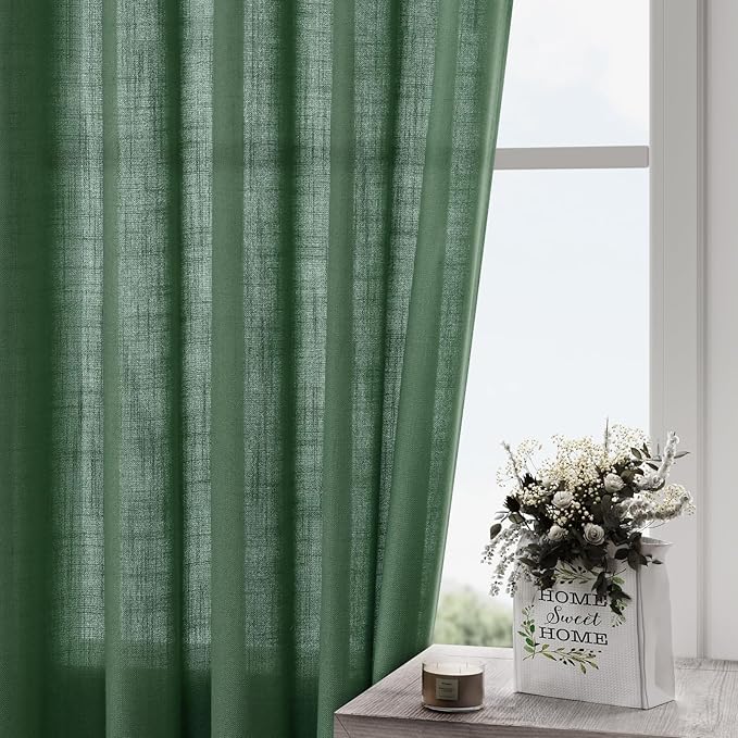 Nanspring Green Linen Curtains for Living Room 2 Panels Set Extra Long Back Tab Light Filtering Semi Sheer Curtain Drapes for Bedroom Neutral Farmhouse Ceiling to Floor for Large Window 52x100