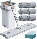 CTIME Large Mop and Bucket Set, Flat Mop and Bucket System, Wall Mop with Adjustable Handle (Max 74 Inches), Mops for Floor Cleaning, 6 Washable 15.74'' Microfiber Mop Pads