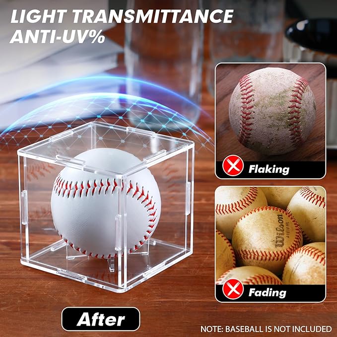 2 Pack Assembled Baseball Display Case, UV-Blocking Acrylic Baseball Holder Display Case, 3.2 Inch Cube Clear Softball Holder Box, Signed Baseballs Protector for Collectibles, Memorabilia, Tennis Ball