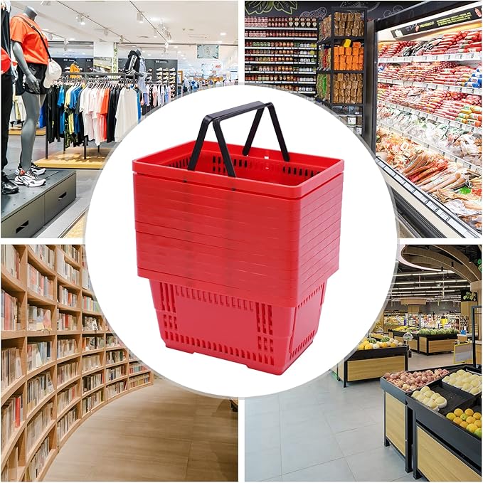 12PCS Shopping Baskets with Handles, Portable Wire Shopping Basket,Open&Stackable Design for Supermarket, Retail, Bookstore (Red)
