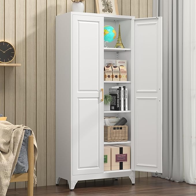 Kitchen Pantry Cabinet, 75" H Metal Storage Cabinet with Doors and Shelves, 4 Standing Feet, Cupboard for Kitchen, Dining, Living Room, 16" D x 32" W x 75" H, White, Assembly Required