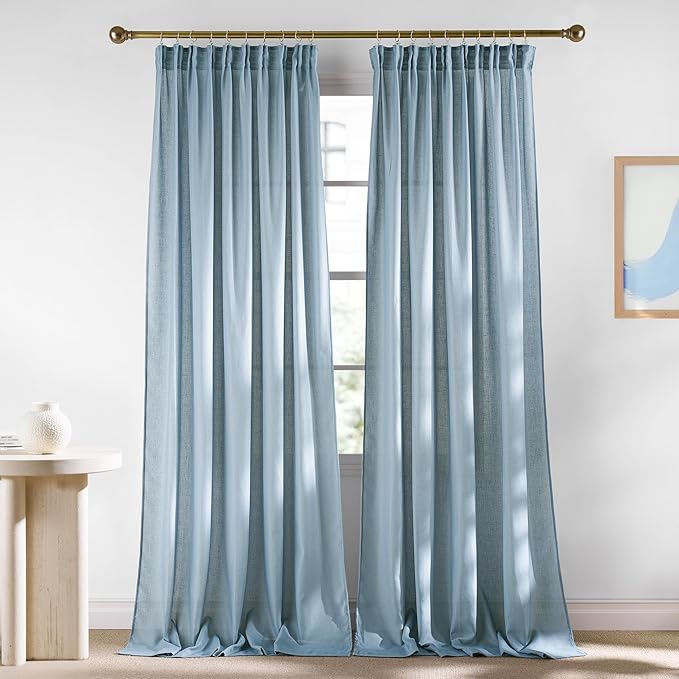 NICETOWN Linen Stone Blue Curtains 102 inches Long, Back Tab/Rod Pocket with Pleat Tape Privacy Added Light Filtering Window Treatments for Bedroom,Stone Blue, W52 x L102, 2 Panels