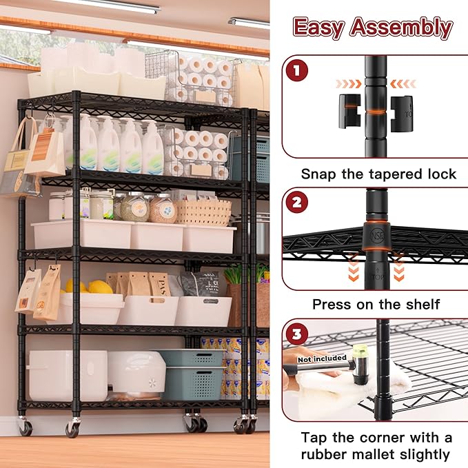 PrimeZone 36" W x 16" D x 79" H Wire Storage Shelves with Wheels, 5 Tier NSF Certified Heavy Duty Adjustable Kitchen Shelving Unit, Pantry Organizer Rack Rolling Metal Shelf for Garage Closet Bathroom