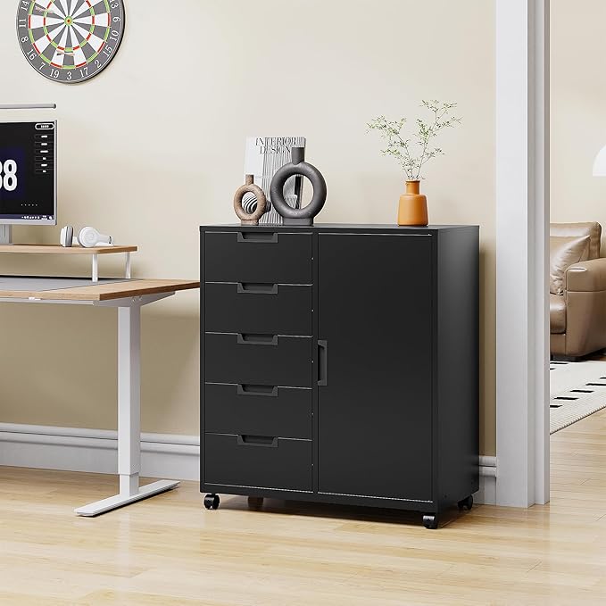 5 Drawer Metal Storage Cabinet, Mobile Office Storage Cabinet, Printer Stand with Storage, Craft Cabinet Dresser Chest for Home Office (Black)