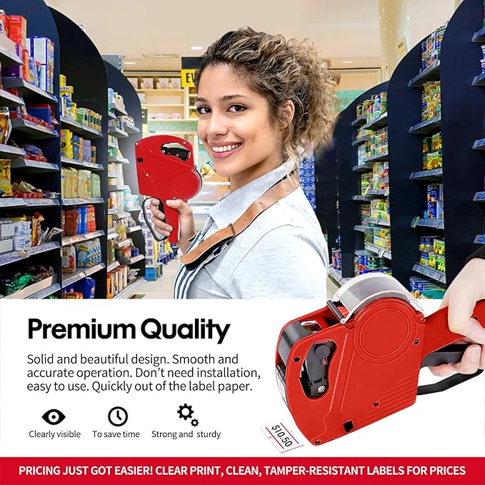 KPX MX5500 Pricing Tag Gun with 5150 pcs White Label Gun Stickers & 3 Extra Inker Rollers, Pricing Label Gun, 8 Digits Retail Pricing Gun and Labels for Grocery Store, Food (Red)