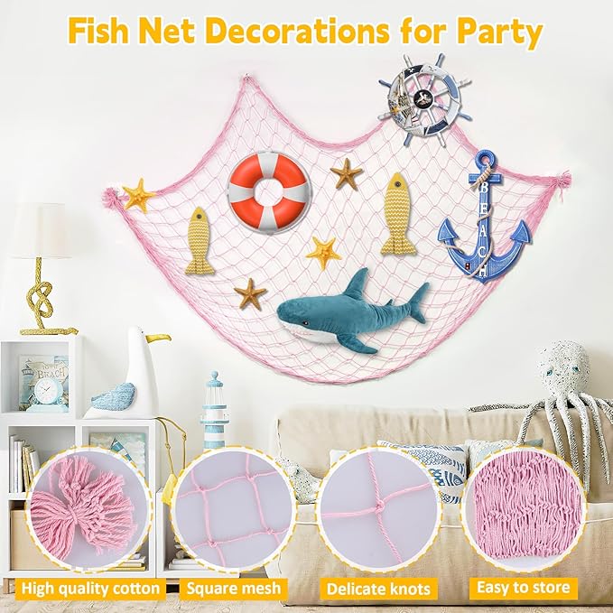 2 Pcs Fish Net Decorations, 39x78 Inch Cotton Nautical Themed Fishing Net, Wall Hanging Photo Display Fishnet for Coastal Bedroom Bathroom, Pirate Hawaiian Beach Under The Sea Party Decor, Light Pink