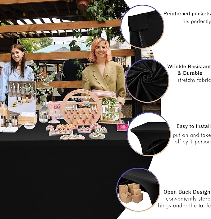 Nasitos 4 Pack Fitted Black Table Cloth 6 Foot-Open Back Spandex Table Covers 6ft Rectangle Table, Washable and Wrinkle Resistant Stretch Trade Show Table Cover for Patio, Parties, Banquet, Festival