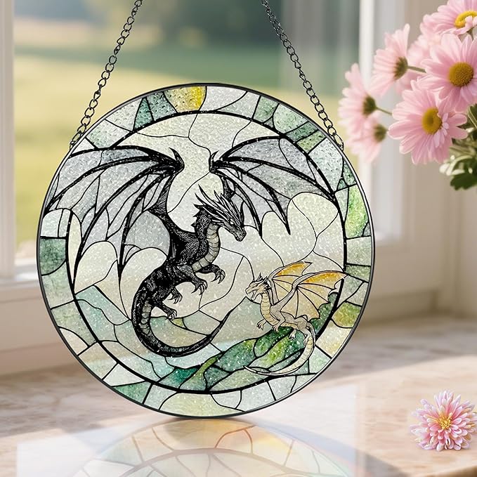 Stained Glass Window Hanging, Pauyadu 8 Inch Dragon Suncatcher Ornament, Stained Glass Suncatcher, Window Decor, Dragon Lovers Gifts, Gifts for Women, Men, and Friends