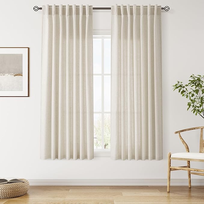Nanspring Vanilla 63 Inch Curtains for Living Room Linen Luxury Light Filtering Semi Sheer Curtain Back Tab Modern Farmhouse Decor Elegant Coastal Drapes for Bedroom Office 52x63, 2 Panels