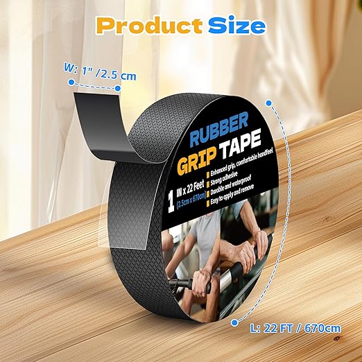 Rubber Grip Tape, 1 in x 22 Ft Black Ultra-Thin Strong Adhesive Non-Slip Tape, Anti-Slip Grip Tape for Handles, Waterproof Heat Resistant Cushion Grip, Comfortable in Hands