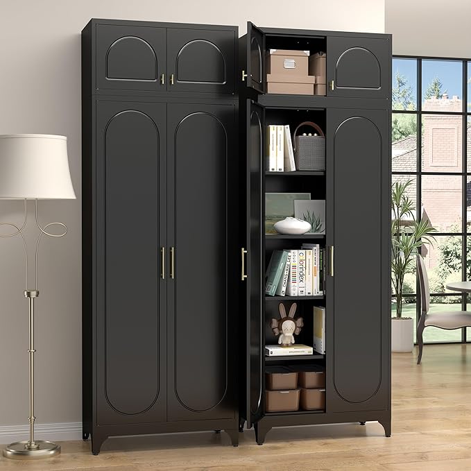 Metal Storage Cabinet and Wall Upper Storage Cabinet,90Inch White Kitchen Pantry Cabinets with 4 Adjustable Shelves,Tall Food Cupboards for Living Room, Dining Room Office