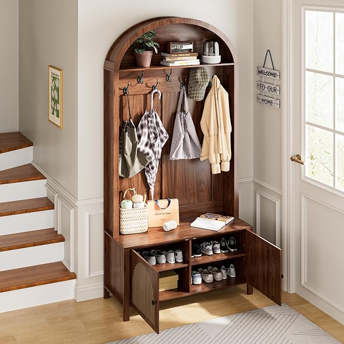 Hall Tree with Bench and Shoe Storage, 78.74" Entryway Storage Bench with 7 Hooks and 2 Adjustable Shelves,Arch Coat Rack Freestanding Retro Hall Tree Organizer for Hallway,Mud Room,Entryway (39.37"W)