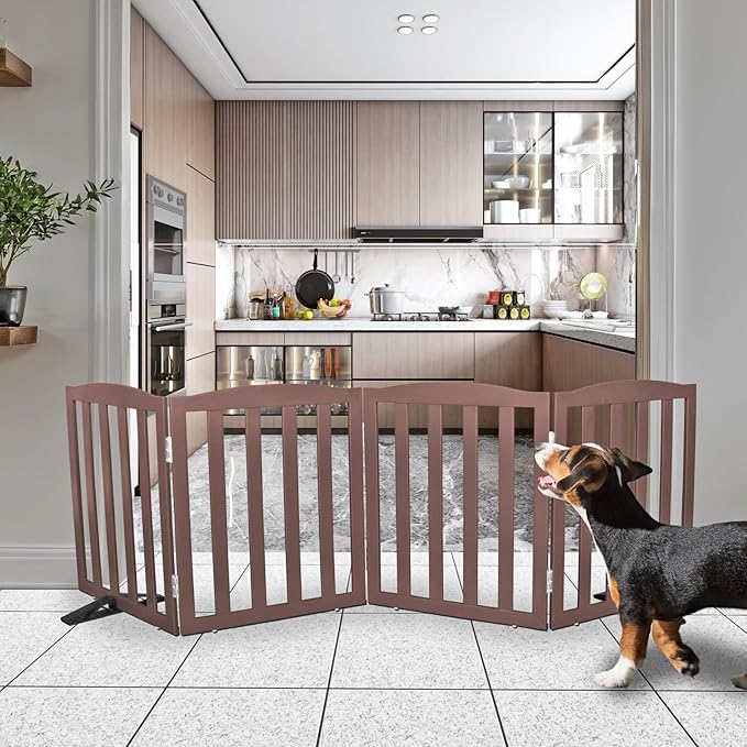 Freestanding Dog Gate Indoor,Doggie Gate Foldable Pet Gates for Doorways,Stairs or Hallways, Wooden Brown Pet Gate for The House, Pet Fence with Support Feet Included,24 "Height-4 Panels