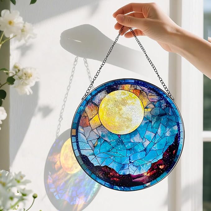 Stained Glass Window Hanging - 8 Inch Full Moon Suncatcher for Window Doors Home Decoration, Valentine's Day Mother's Day Christmas Birthday Gifts for Women, Men, and Mom Grandma