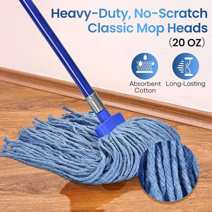 Matthew Cleaning Screw-on Heavy Duty Cotton Wet Mop Replacement Heads(Blue, Medium,12 Pack) with 2 Pack Microfiber Cloth for Residential & Commercial Floor Cleaning Use- Fit Standard American Screw