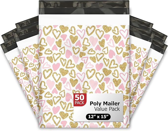 12x15 (50) Pink and Gold Hearts Valentine's Day Designer Poly Mailers Waterproof Self Sealing Tear Resistant Polymailers Large Shipping Envelopes Premium Printed Bags For Small Businesses