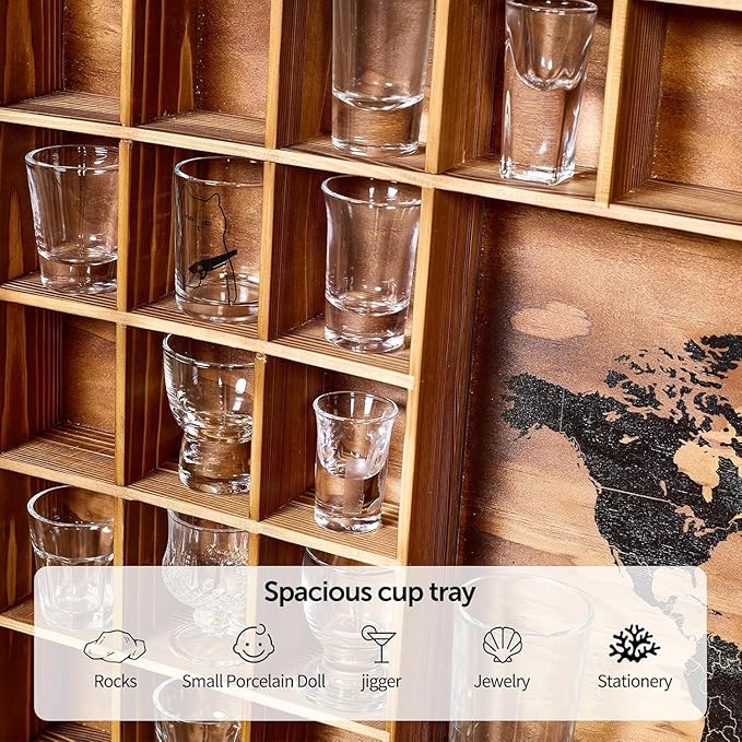 Large World Map Shot Glass Display Case 60 Slots 34 X 26''Rustic Brown Wood Holder for 2 Different Size Shot Glass In Living Rooms Bars Wine Cellars Used for Jewelry Stones & Shell