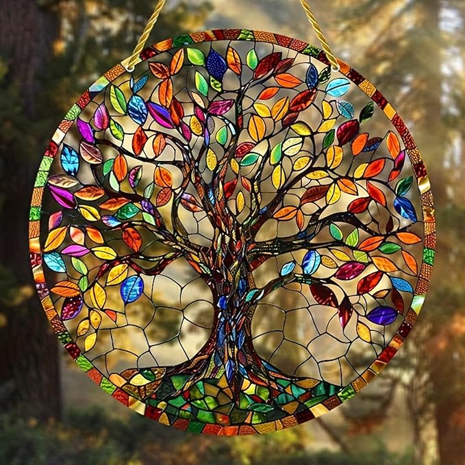 Colorful Tree Acrylic Ornament with Hanging Rope Chain Acrylic Wall Hanging Decoration for Window Door Display