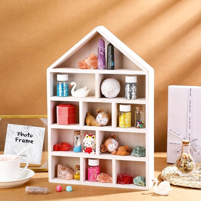 House Shaped Wooden Shadow Cubby Box 10 W x 2 1/4 D x 15 H Hanging Display Shelf Organizer Wall Mounted Curio Cabinet Wooden Display Case Miniature Shelf for Figures(Wood Color)