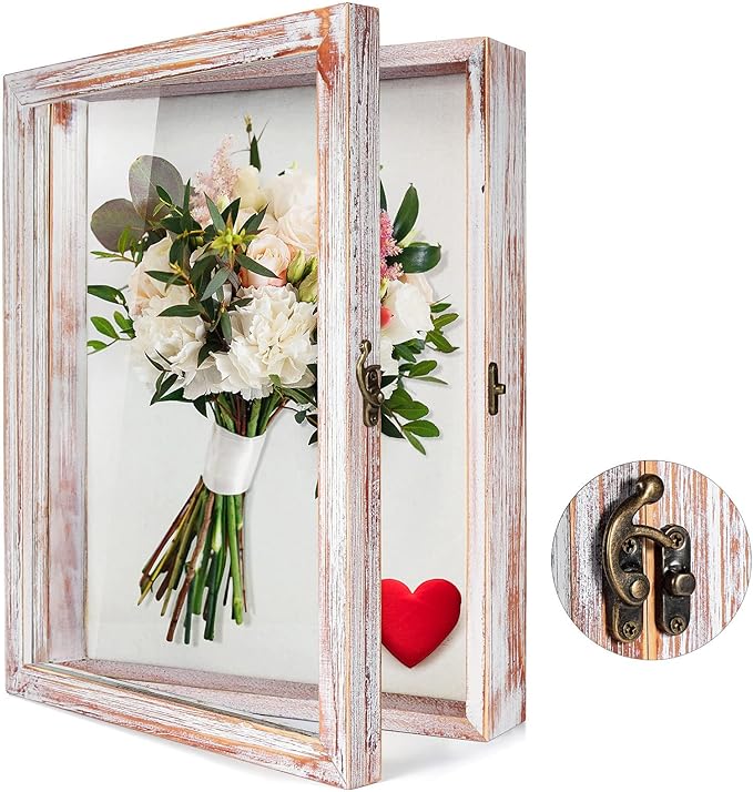 TJ.MOREE Flowers Shadow Box Display Case 11 x 14 Large Shadow Box Frame with Glass Window Door Deep Depth Picture Frame Wedding Bouquet Memorabilia Medals Photos Memory Box for Keepsakes - White Pink