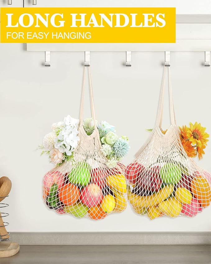 Woanger 24 Pcs Reusable Cotton Mesh Produce Shopping Bags Washable Grocery Net Portable Fruit and Vegetable Cotton String Bags Long Handle Net Tote Organizer(Long Handle)