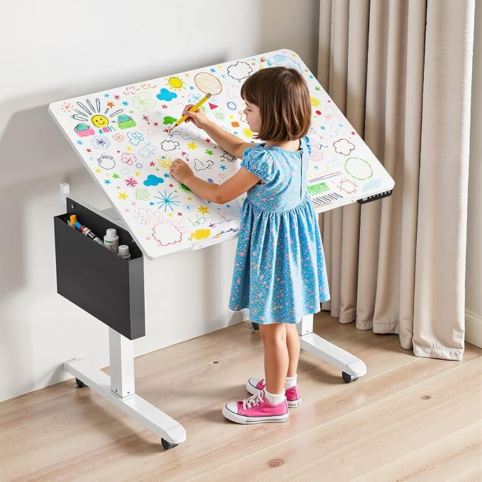 Standing Desk with Whiteboard – Electric Height Adjustable Drafting Table, Flip Dry Erase Top, Mobile Drawing Desk with Wheels & Storage Bag for Home, Office, Studio, Art