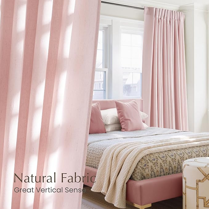 NICETOWN Thick Linen Blend Light Pink Sheer Curtains for Girls Room, Pleat Tape Semi Sheer Privacy Added with Light Filtering Window Treatments for Bedroom/Living Room, W52 x L84, 2 Panels
