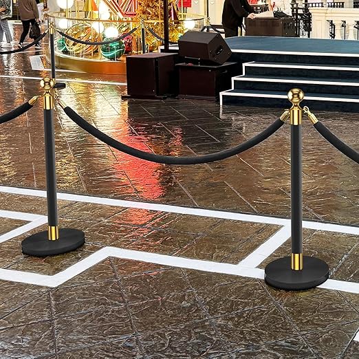 kaiyomi 8Pcs Stanchions with Black Velvet Ropes Set, 5 Feet Velvet Ropes and Posts Poles for Red Carpet Party Decoration and 360° Photo Booth (Golden & Black)
