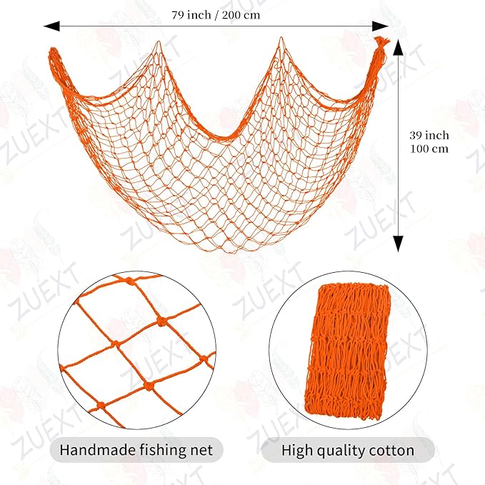 ZUEXT Decorative Fishing Net 80x40 Inch, 2 Pack Large Orange Picture Fish Net, Wall Photo Hanging Fishnet for Nautical Mermaid Pirate Ocean Themed Hawaii Beach Under The Sea Party Decorations