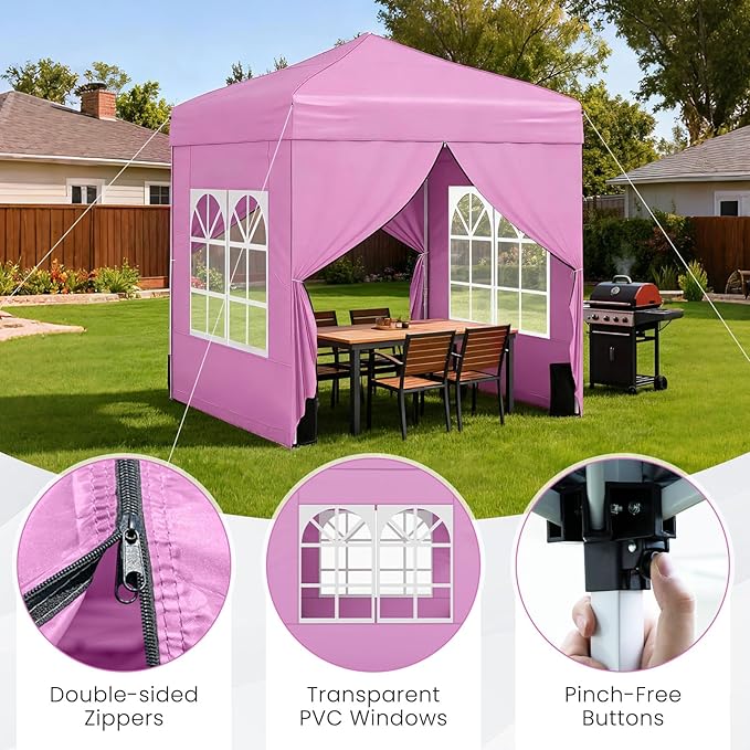 Tangkula 6.5x6.5 FT Pop Up Canopy, UPF50+ Outdoor Canopy Tent with 2 Removable Sidewalls, 2 Zippered Doors, Heavy-Duty Carbon Steel Frame, Wheeled Bag, 4 Sandbags, 8 Stakes, 4 Wind Ropes (Pink)