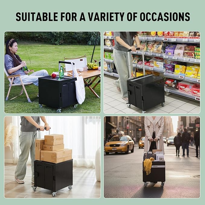 Folding Utility Cart Portable Rolling Crate Handcart Shopping Trolley Collapsible Tool Box, with Lid, on Rotate Wheels, for Grocery, Shopping, Office, Teacher, Camp,File (Black)