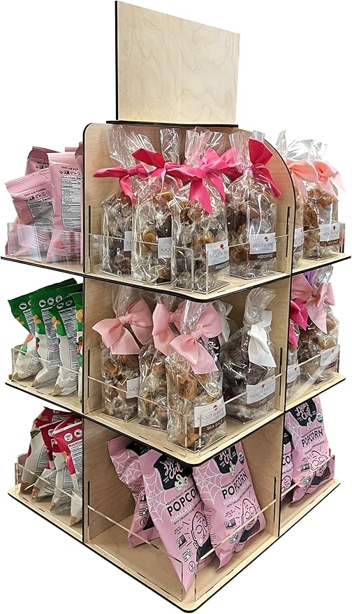 Versatile 4-Sided Rotating Display Stand for Candy, Snacks, Jams, Produce and More - Ideal for Craft Shows, Farmers Markets, and Retail Stores - 12 Shelves, Heavy-Duty Design, Easy Setup (Natural)