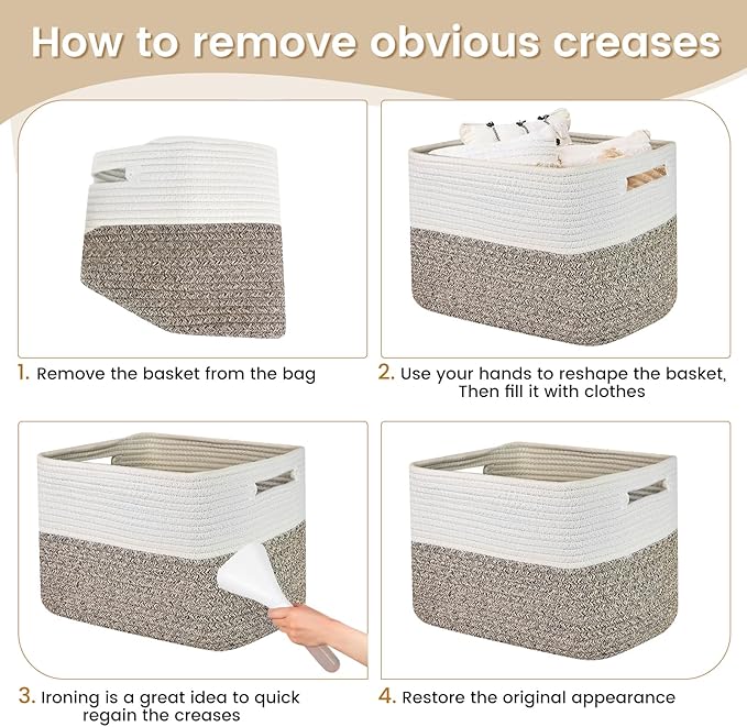 Shelf Woven Storage Basket, 15 x 10 x 9” Closet Rope Baskets For Organizing, Square Bins with Handles, White+Dark brown