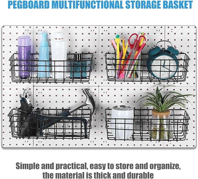 Sieral 4 Pcs Large Pegboard Baskets Set 12 x 6.5 x 4 Inch Black Metal Wire Baskets Peg Board Organizer Accessories Wall Mount Pegboard Bins Workbench Garage Storage Versatile Wall Organizer Attachment