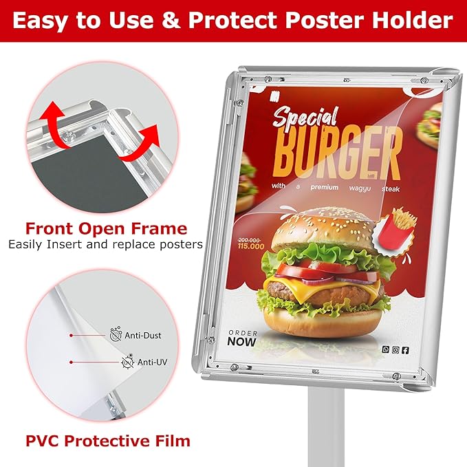 Heavy Duty Standing Sign Holder 11x17 Inch - Pedestal Floor Sign Stand with Weighted Base - Vertical & Horizontal View Poster/Menu Holder for Indoor/Outdoor Business Store Advertising, Silver