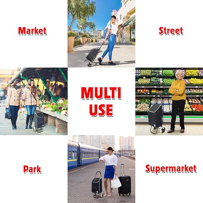 dbest Products Trolley Dolly Sport with Chair – Foldable Grocery Cart on Wheels – Multi Use Rolling Cart with Built-in Seat, Removable Bag, and Hand Truck Dolly Function, Black