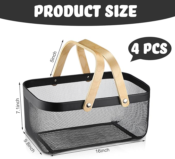 Sadnyy 4 Pcs Metal Wire Storage Basket with Handle Mesh Harvest Durable Vegetables Fruit Basket for Garden Organizing, Kitchen, Countertop, Closet, Bedroom (16 x 9.8 x 7.1 Inch,Black)